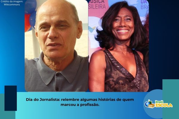 Fotos do Ricardo Boechat e da Glória Maria. Texto na imagem: Dia do Jornalista: relembre história de quem marcou a profissão