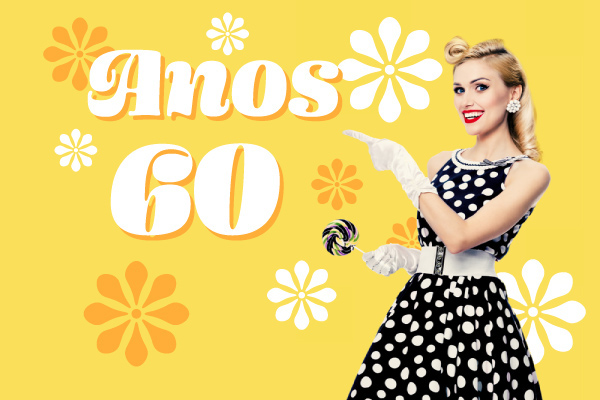 Mulher usando um vestido de bolinhas ao lado do escrito “Anos 60”.
