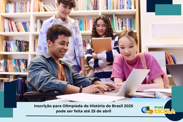 Estudantes em grupo com computador, texto título da notícia da Olimpíada Nacional de História do Brasil
