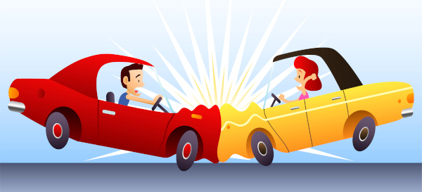 Bolas de bilhar (sinuca) se chocando, um exemplo de colisão elástica, um dos tipos de colisão. Ilustração mostrando a colisão entre dois carros, um exemplo de colisão inelástica, um dos tipos de colisão.