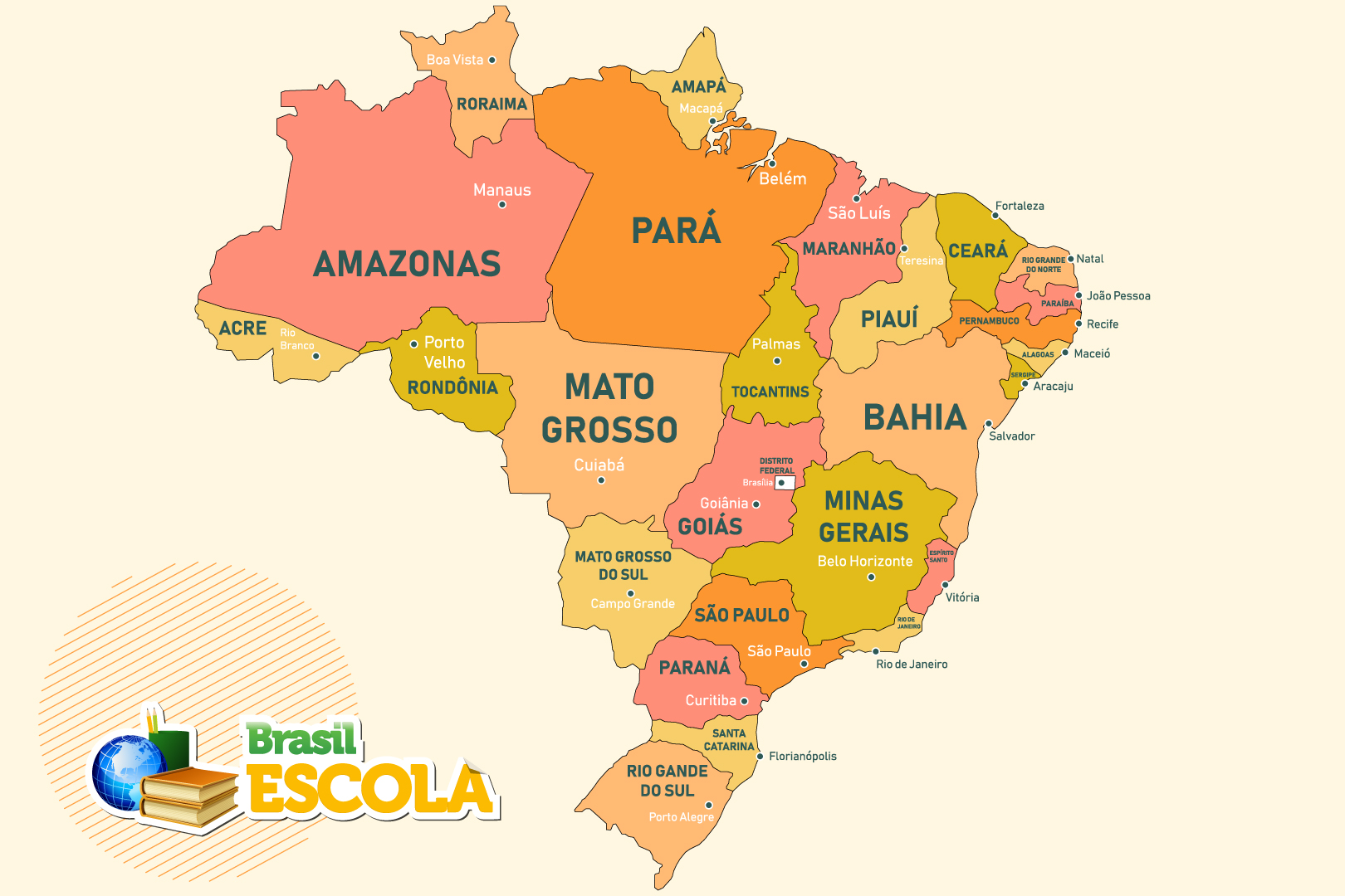 Mapa com os estados do Brasil e suas capitais.