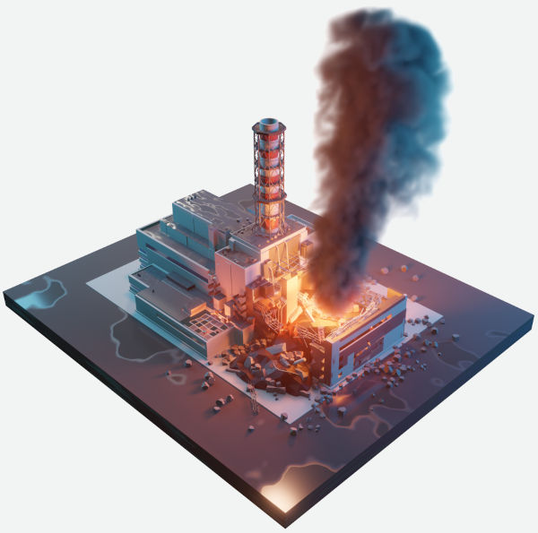 Imagem representativa em 3D do acidente de Chernobyl, um dos maiores acidentes nucleares.
