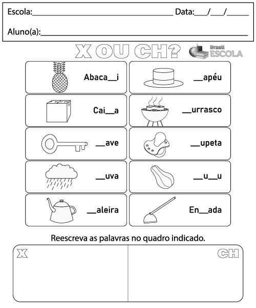 Atividade de completar palavras com x ou ch.