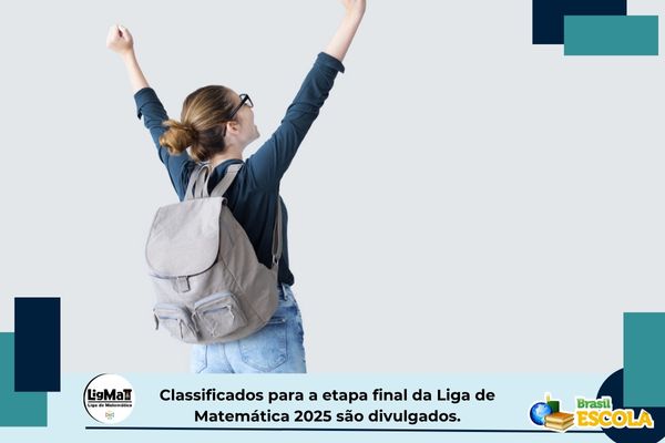 Pessoa comemora. Texto na imagem: Classificados para a etapa final da Liga de Matemática 2025 são divulgados.