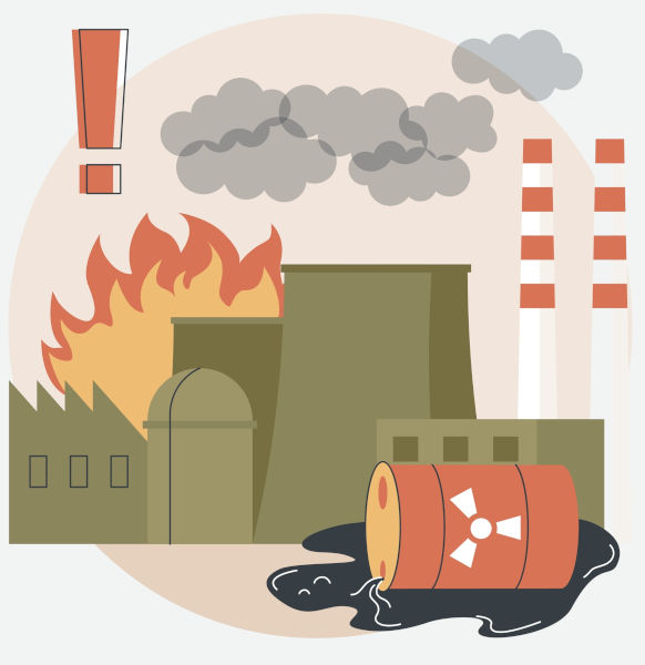 Ilustração de usina nuclear e de elementos radioativos fazendo alusão aos acidentes nucleares. Ilustração de usina nuclear e de elementos radioativos fazendo alusão aos acidentes nucleares.