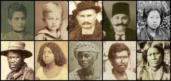 Negros escravizados servindo dois brancos durante a refeição, em pintura de Jean-Baptiste Debret. Brasileiros de diferentes origens em fotografias do século XIX, exemplo de miscigenação étnica.