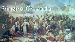 "Primeira Cruzada" escrito sobre imagem de aglomeração de pessoas simbolizando uma expedição militar.