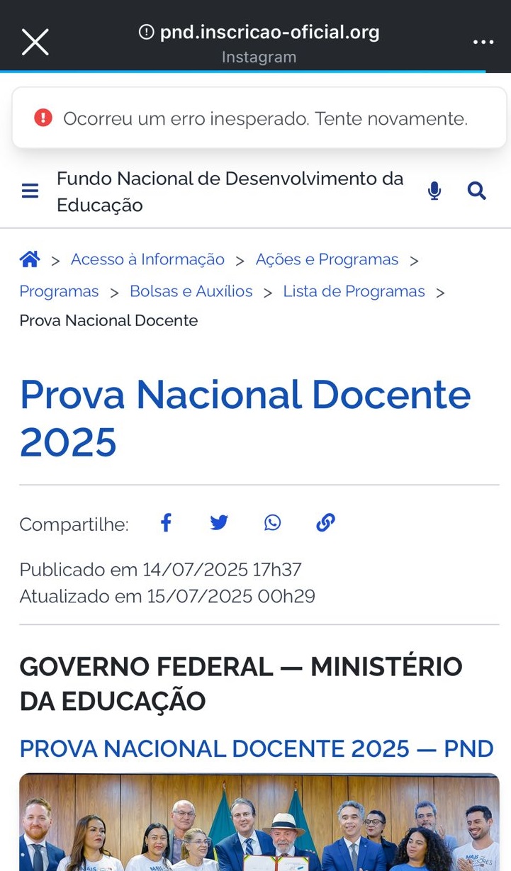 Site falso da inscrição da PND 2025