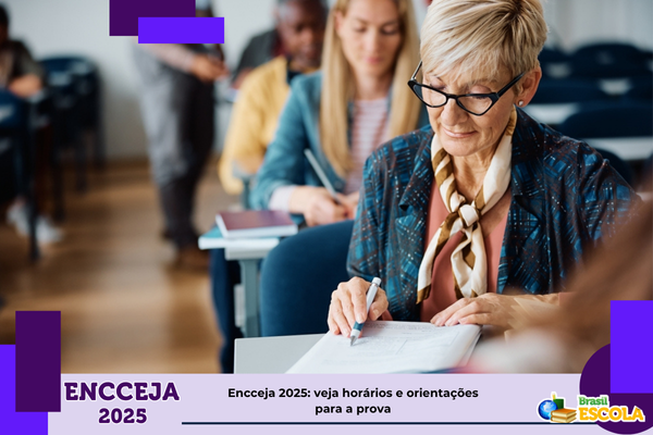 Senhora escrevendo no caderno em sala de aula. Texto: título da notícia