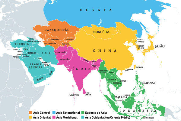 Mapa das regiões da Ásia.