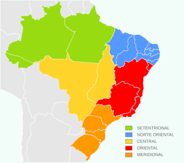 Mapa mostrando a regionalização do Brasil em 1913, feita por Delgado de Carvalho.
