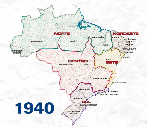 Mapa mostrando a regionalização do Brasil feita pelo IBGE em 1940.