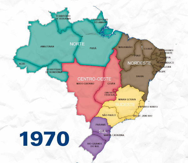 Mapa mostrando a regionalização do Brasil feita pelo IBGE em 1970.