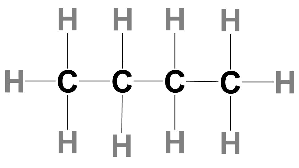 Fórmula estrutural plana do gás butano.