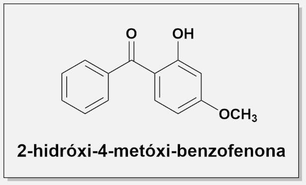 Fórmula estrutural da 2-hidróxi-4-metóxi-benzofenona.