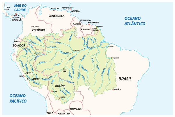 Mapa da Amazônia na América do Sul.