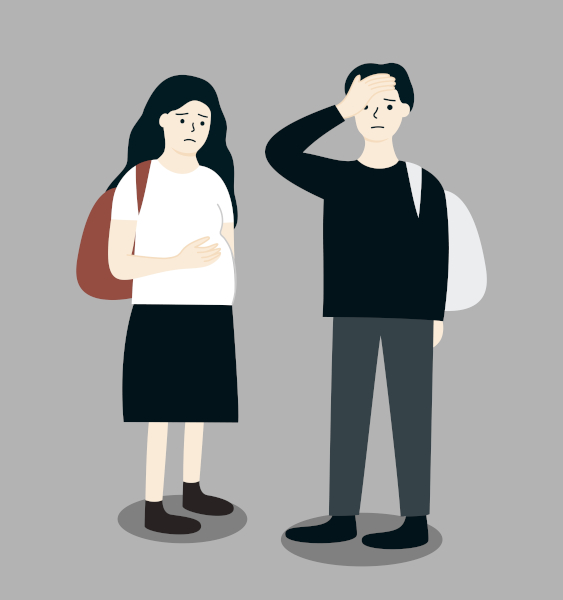 Ilustração de uma menina grávida e um menino preocupado em texto sobre educação sexual.