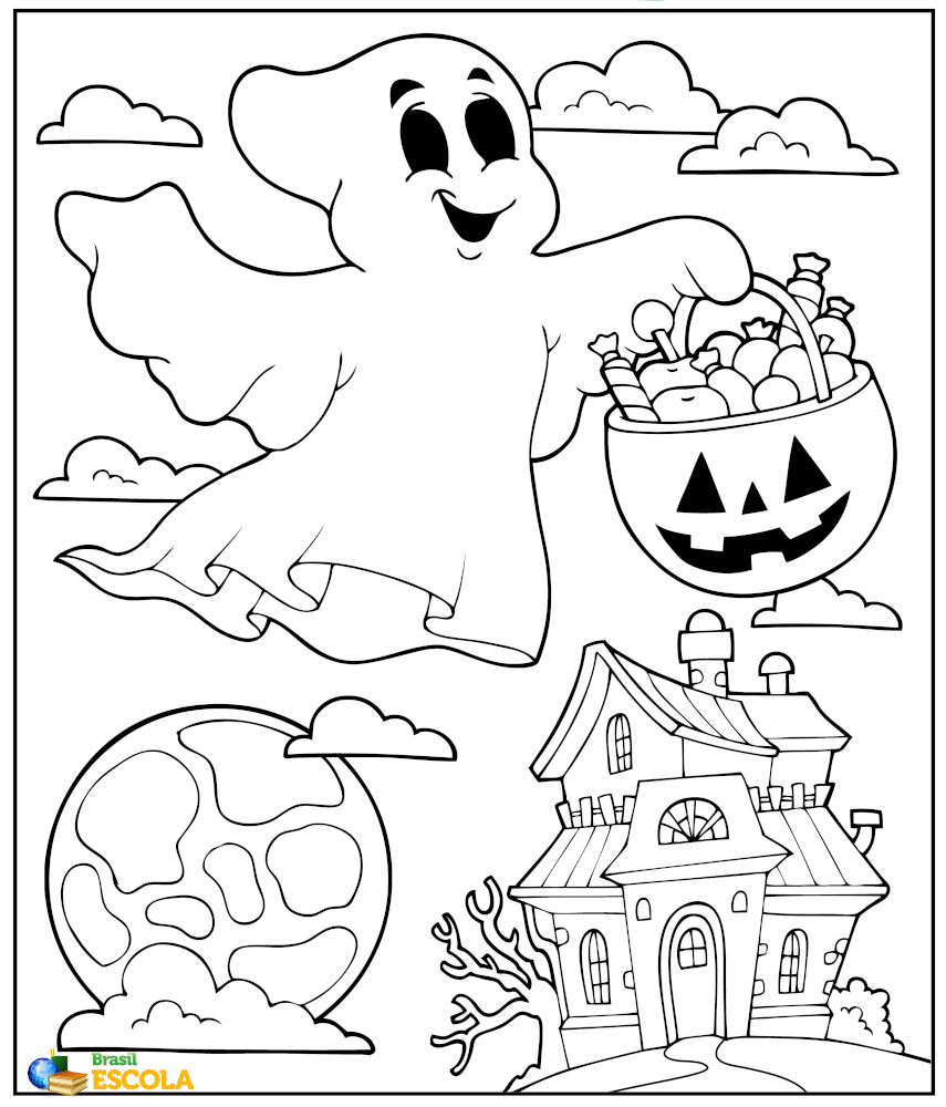 Desenho para colorir fantasminha pegando doces no halloween