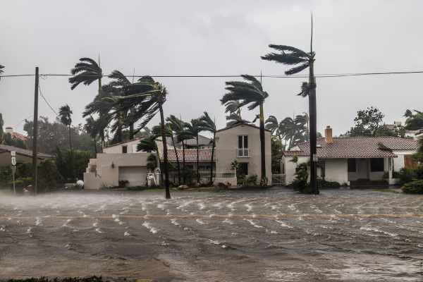 Esquema ilustrativo da classificação dos furacões na escala Saffir-Simpson. Casas e árvores atingidas por fortes ventos de um furacão.
