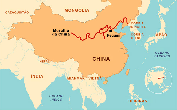 Mapa mostrando a extensão da Muralha da China (ou Grande Muralha).
