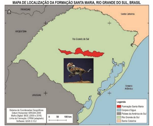 Mapa de localização da Formação Santa Maria, Rio Grande do Sul, Brasil em exercício da UFN sobre Triássico.