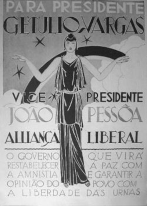 Uma mulher no centro de cartaz da campanha de Getúlio Vargas e da Aliança Liberal, no contexto da Revolução de 1930.