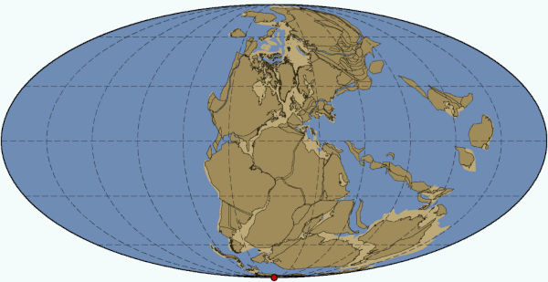 Mapa-múndi mostrando a configuração da superfície terrestre durante a maior parte do Triássico.
