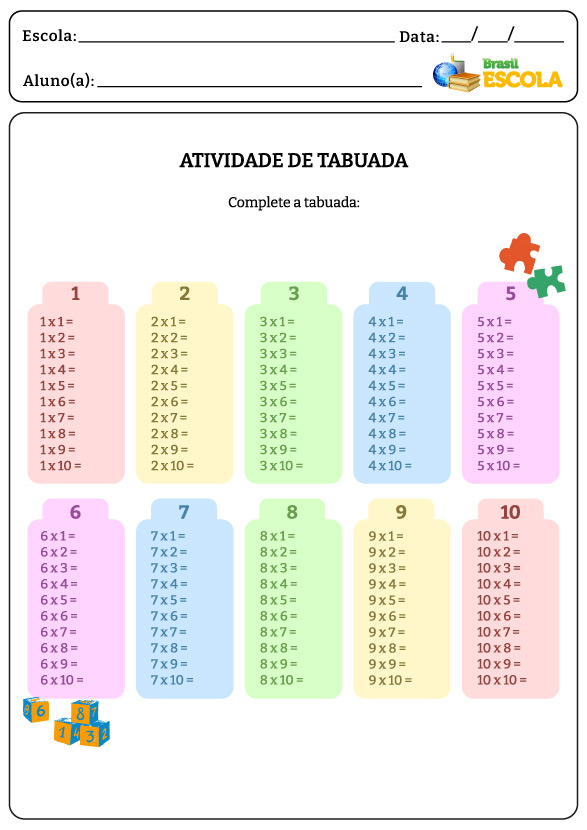 Tabuada do 1 ao 10 sem respostas em atividade de tabuada.