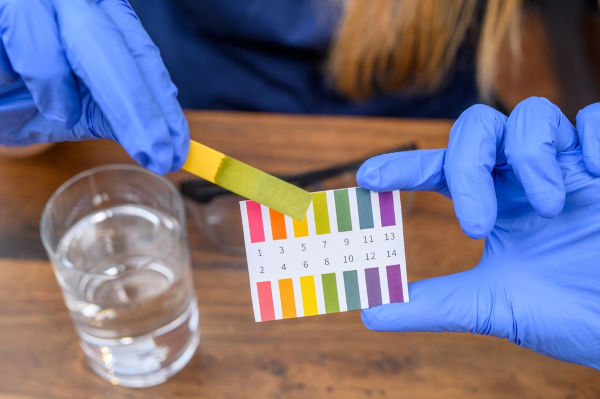 Mãos segurando uma fita colorida usada pra medir escala de pOH e pH.