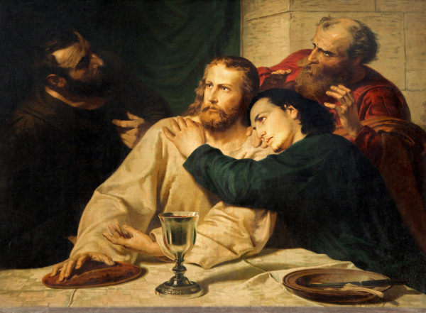 Pintura retratando João Evangelista e Jesus Cristo na Última Ceia.