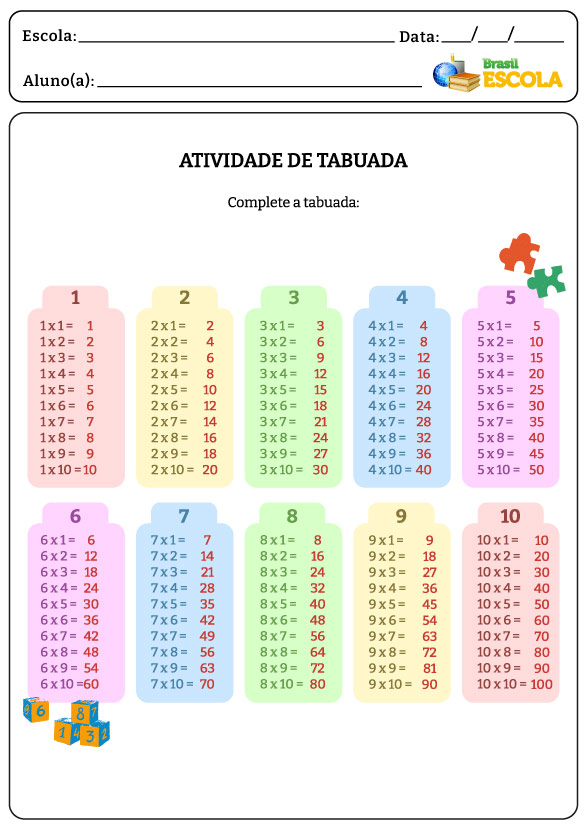 Tabuada do 1 ao 10 com respostas em atividade de tabuada.