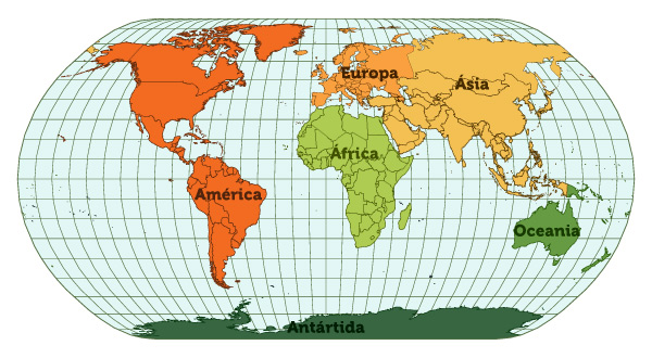 Mapa do mundo mostra os continentes da Terra e apresenta todos os elementos típicos de um mapa.