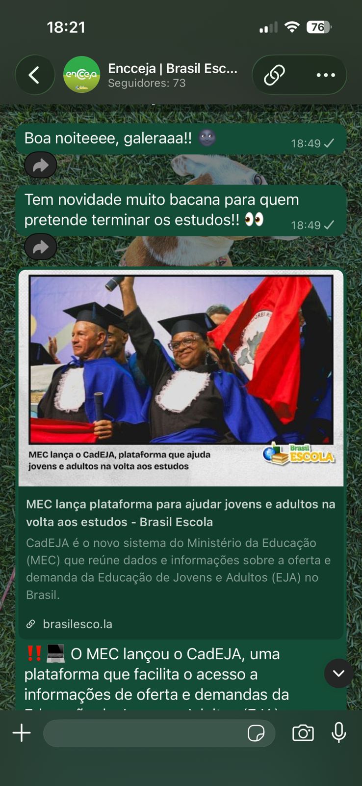 Canal sobre o Encceja no WhatsApp