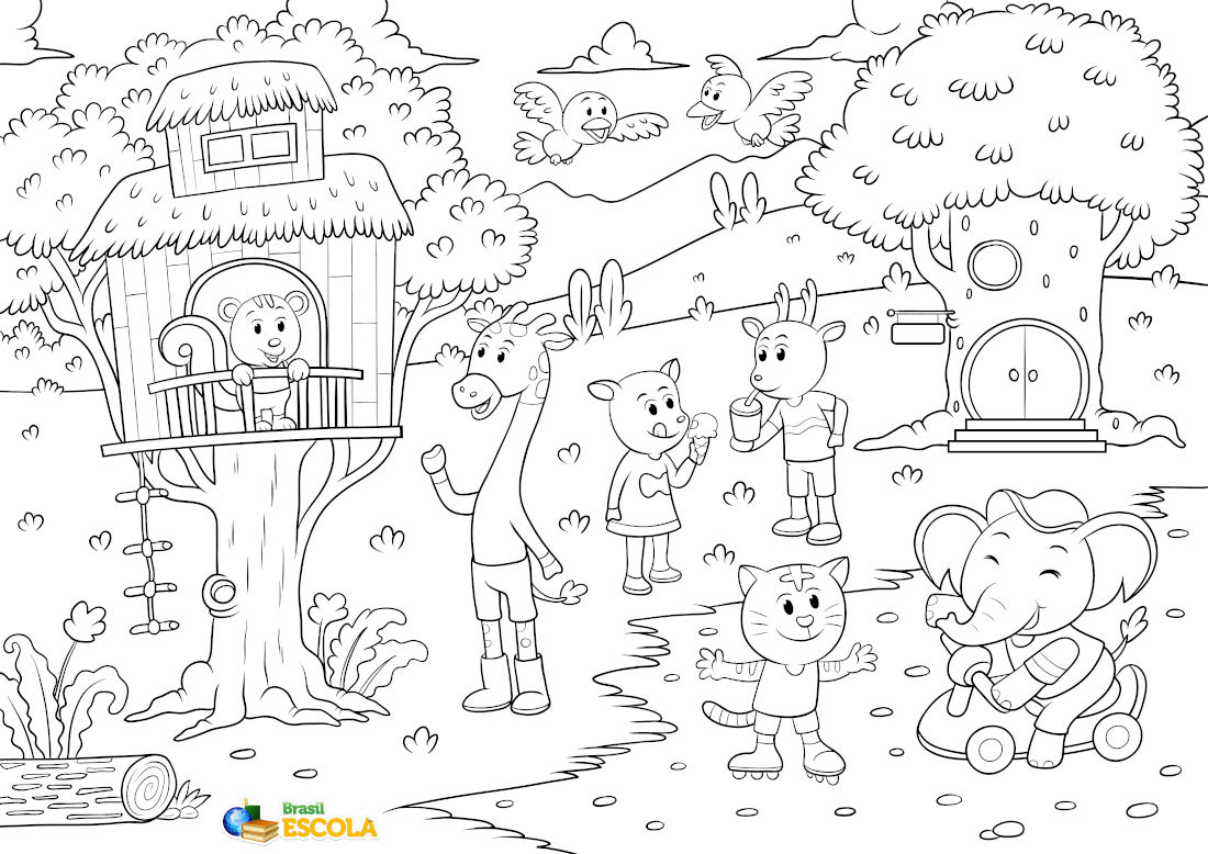 desenho de animais brincando e se divertindo na floresta