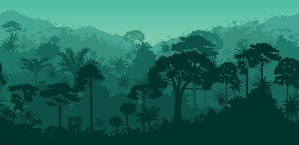 Floresta tropical em alusão ao Eoceno.