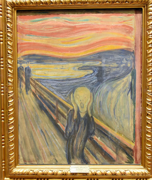 Figura humana distorcida na obra O Grito, de Edvard Munch, do movimento artístico expressionismo.