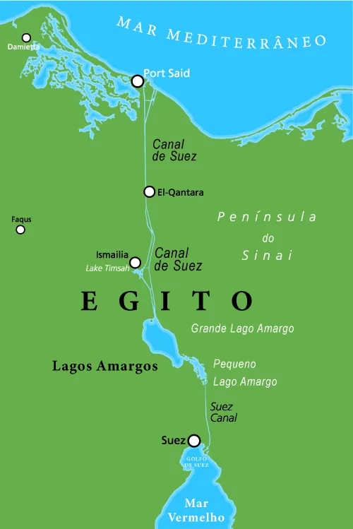 Mapa do Canal de Suez, localizado no Egito.