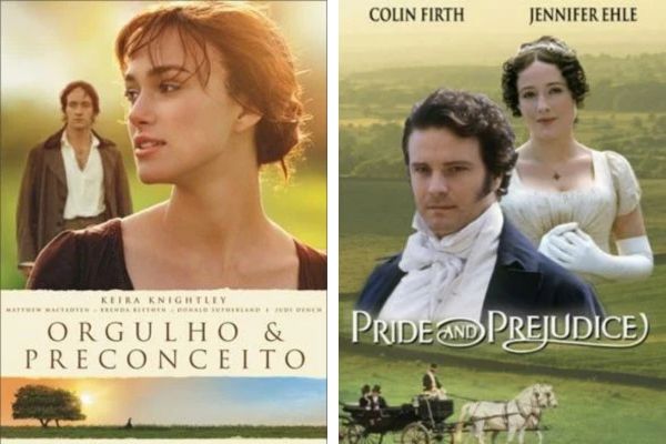 Capa de duas das principais adaptações de “Orgulho e preconceito”, clássico escrito por Jane Austen.