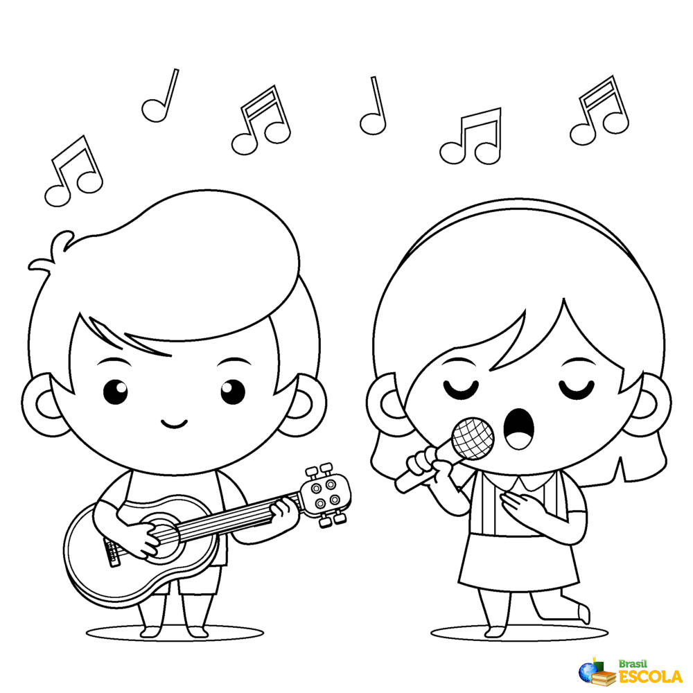Desenho de um menino e uma menina cantando para pintar