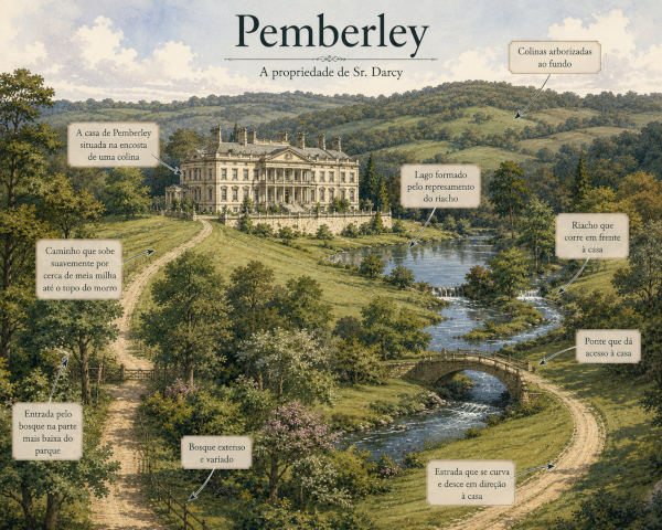 Representação de Pemberley, de “Orgulho e Preconceito”, feita por IA.
