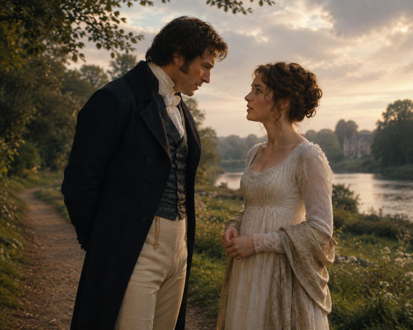 Representação feita por IA da segunda proposta de casamento do Sr. Darcy a Elizabeth Bennet, de “Orgulho e preconceito”.