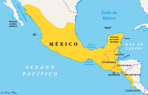 Mapa mostra os países que formavam a Mesoamérica. 