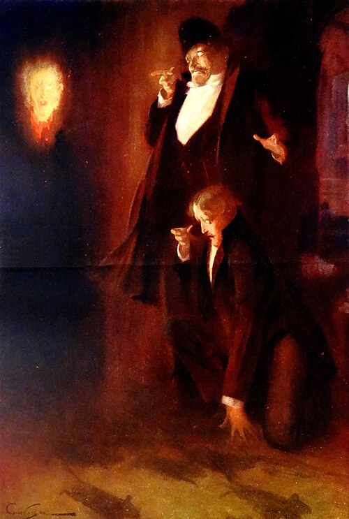 Pintura do momento em que o Persa e o Raoul encontram o matador de ratos na Ópera de Paris, em “O Fantasma da Ópera”.