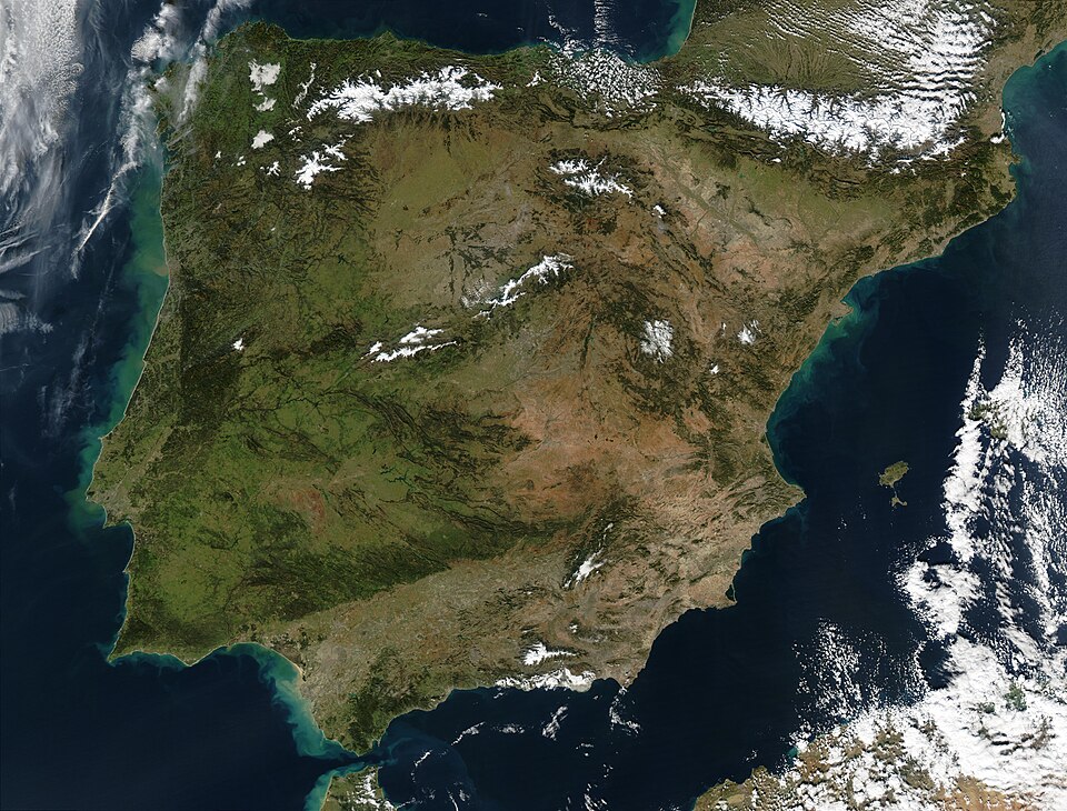 Imagem de satélite da Península Ibérica, na Europa.