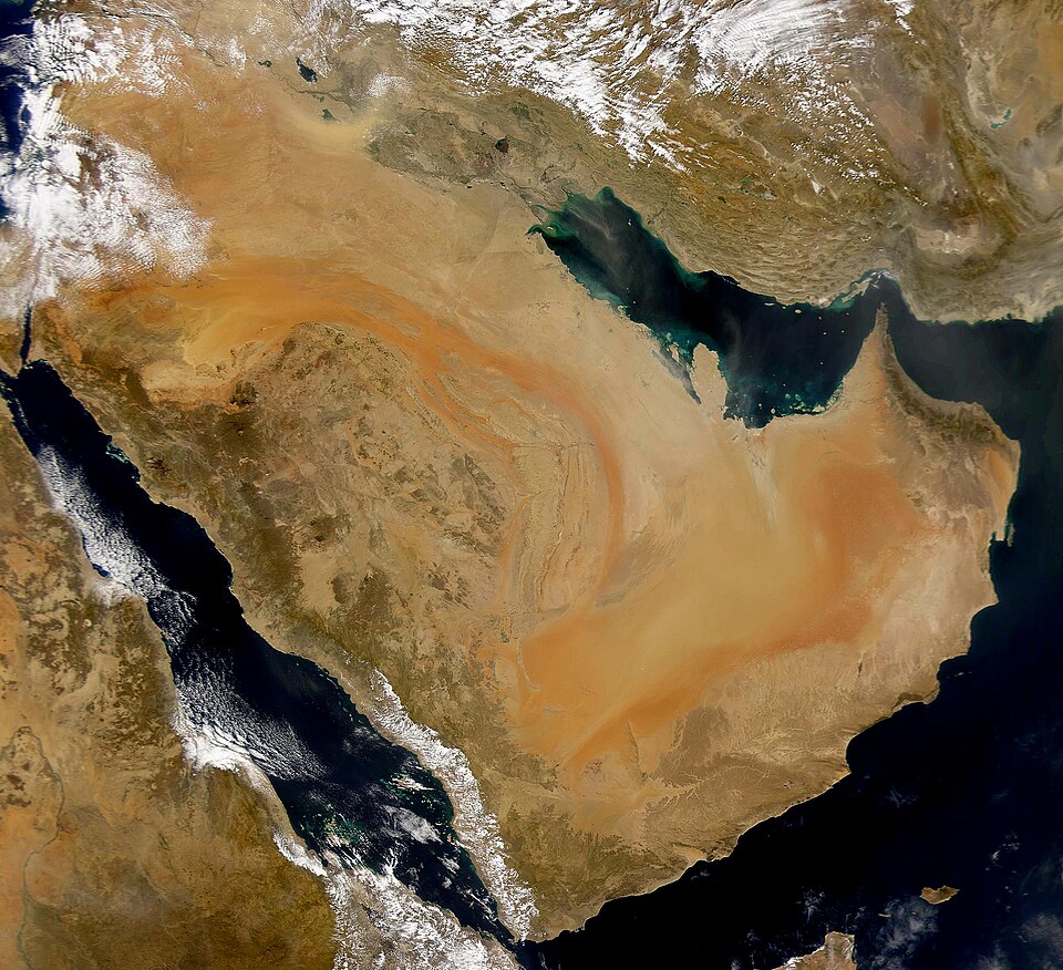 Imagem de satélite da Península Arábica, no Oriente Médio.