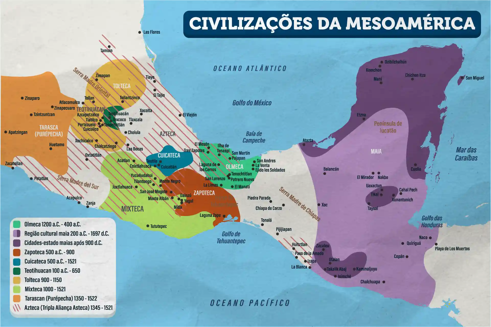 Mapa mostra onde se localizavam os principais povos mesoamericanos.