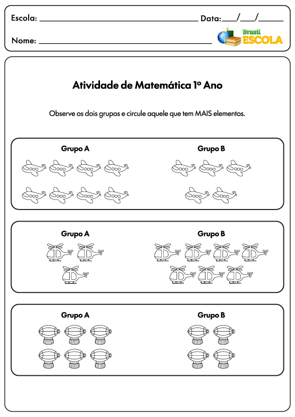 Atividade de Matemática para 1º ano Ensino Fundamental.