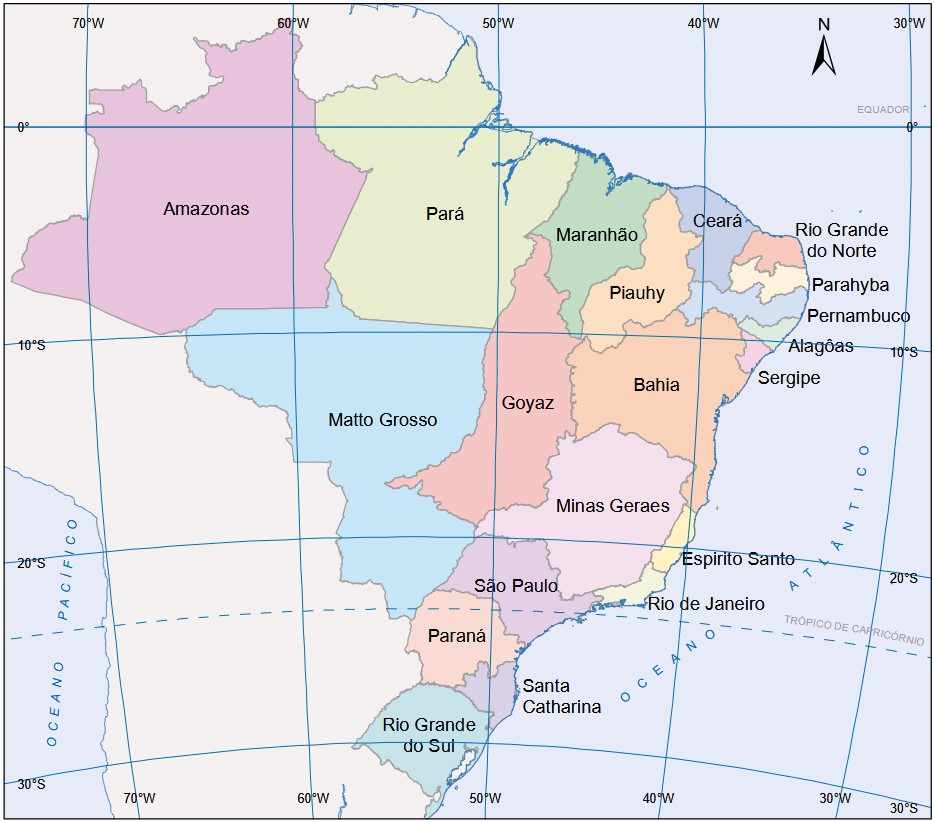 Mapa da divisão administrativa do Brasil em 1872, durante o período imperial. Fonte: IBGE.