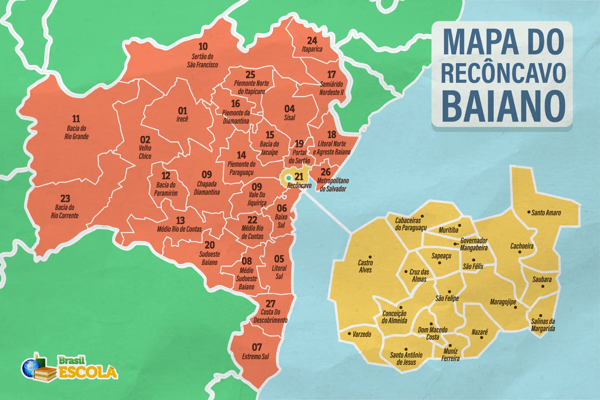 Mapa dos territórios de identidade da Bahia, com destaque para a região do Recôncavo Baiano.