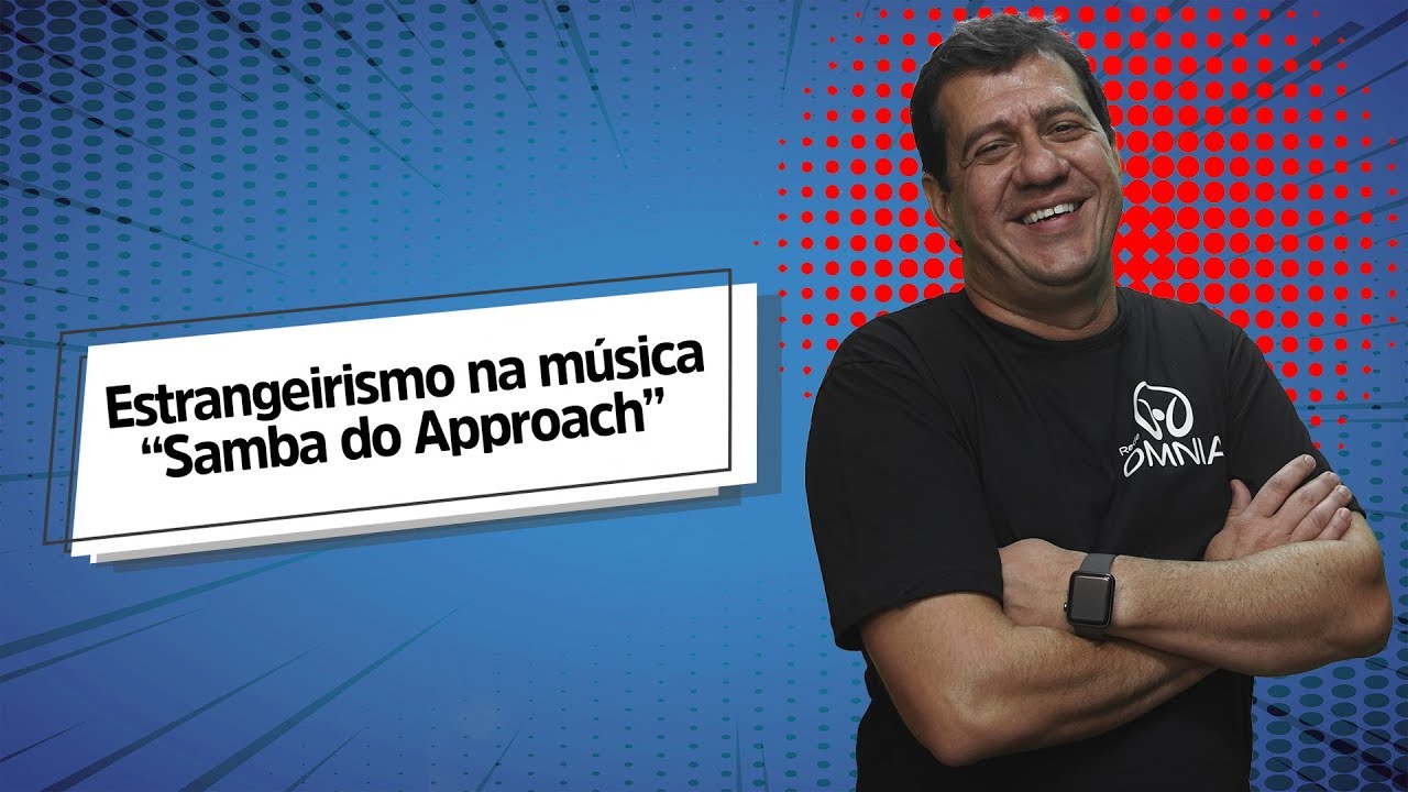 "Estrangeirismo na música “Samba do Approach”" escrito sobre fundo azul ao lado da imagem do professor